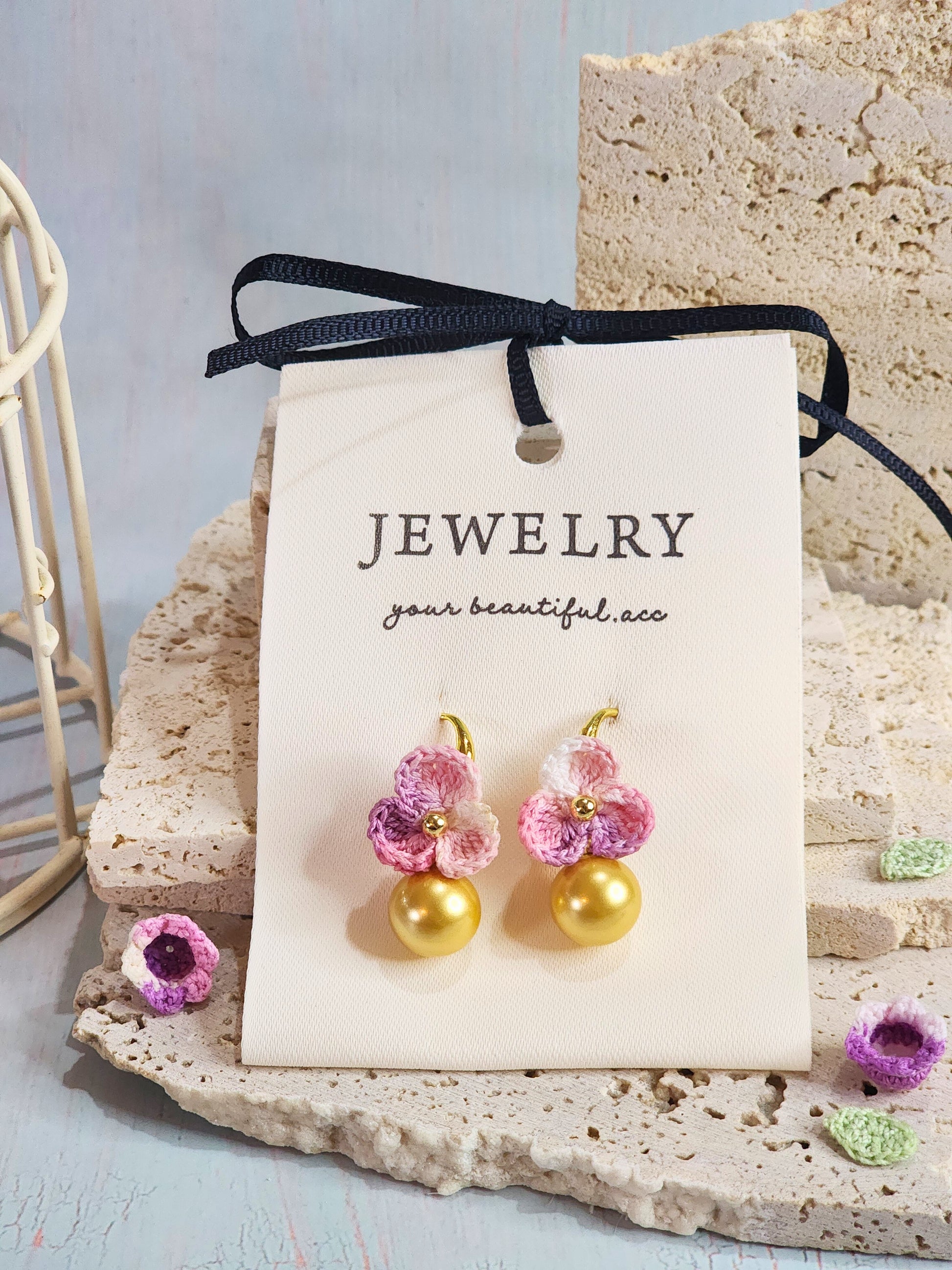 Luxurious dark gold South Sea pearl earrings with handcrafted micro‑crochet florets on 18K gold-plated ear hooks 