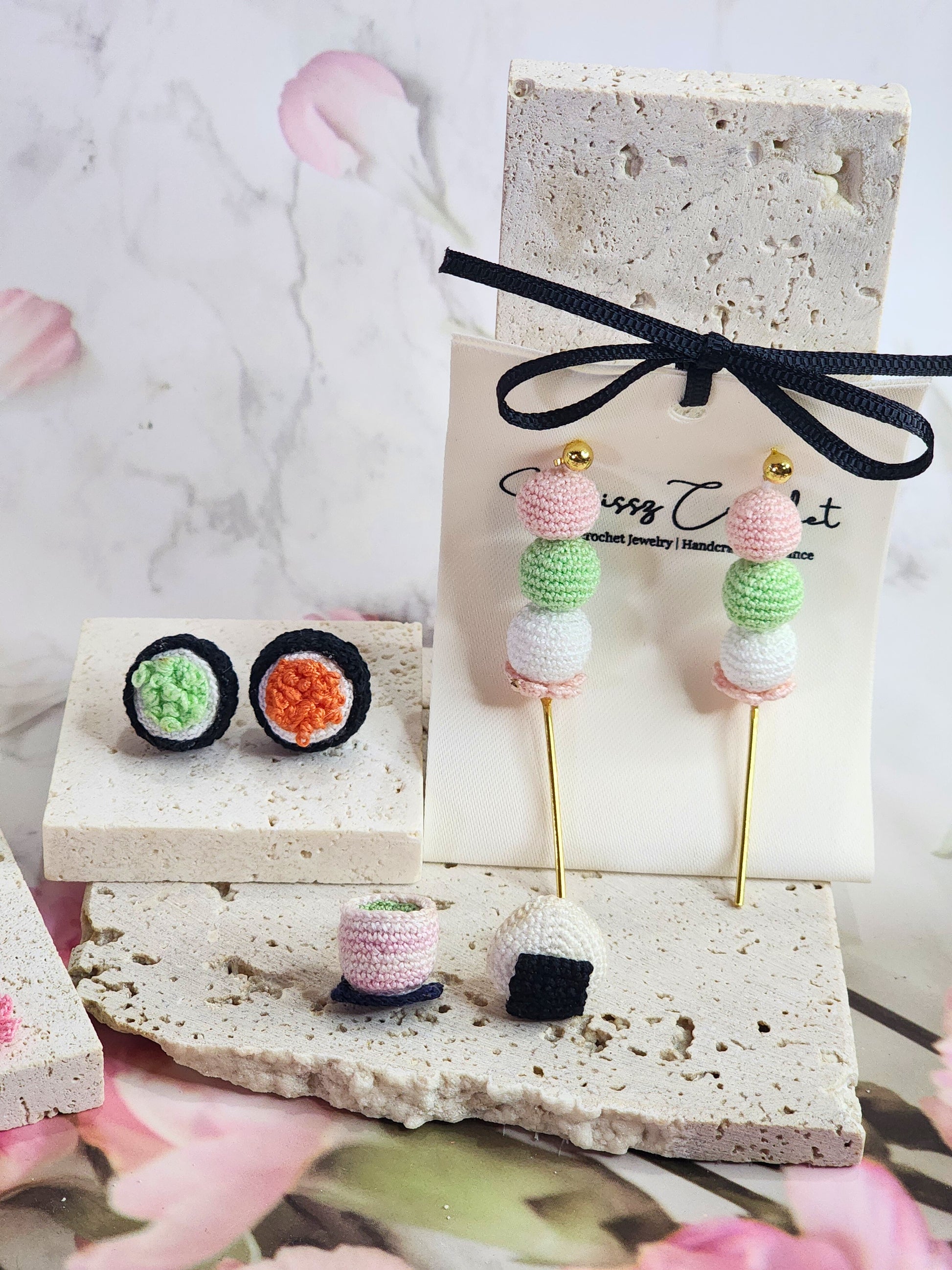 Collection of handcrafted kawaii micro-crochet earrings