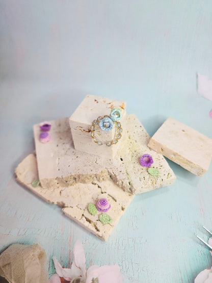 Natural Labradorite with Blue Micro-crochet Lillies of the Valley with Pearls Ring