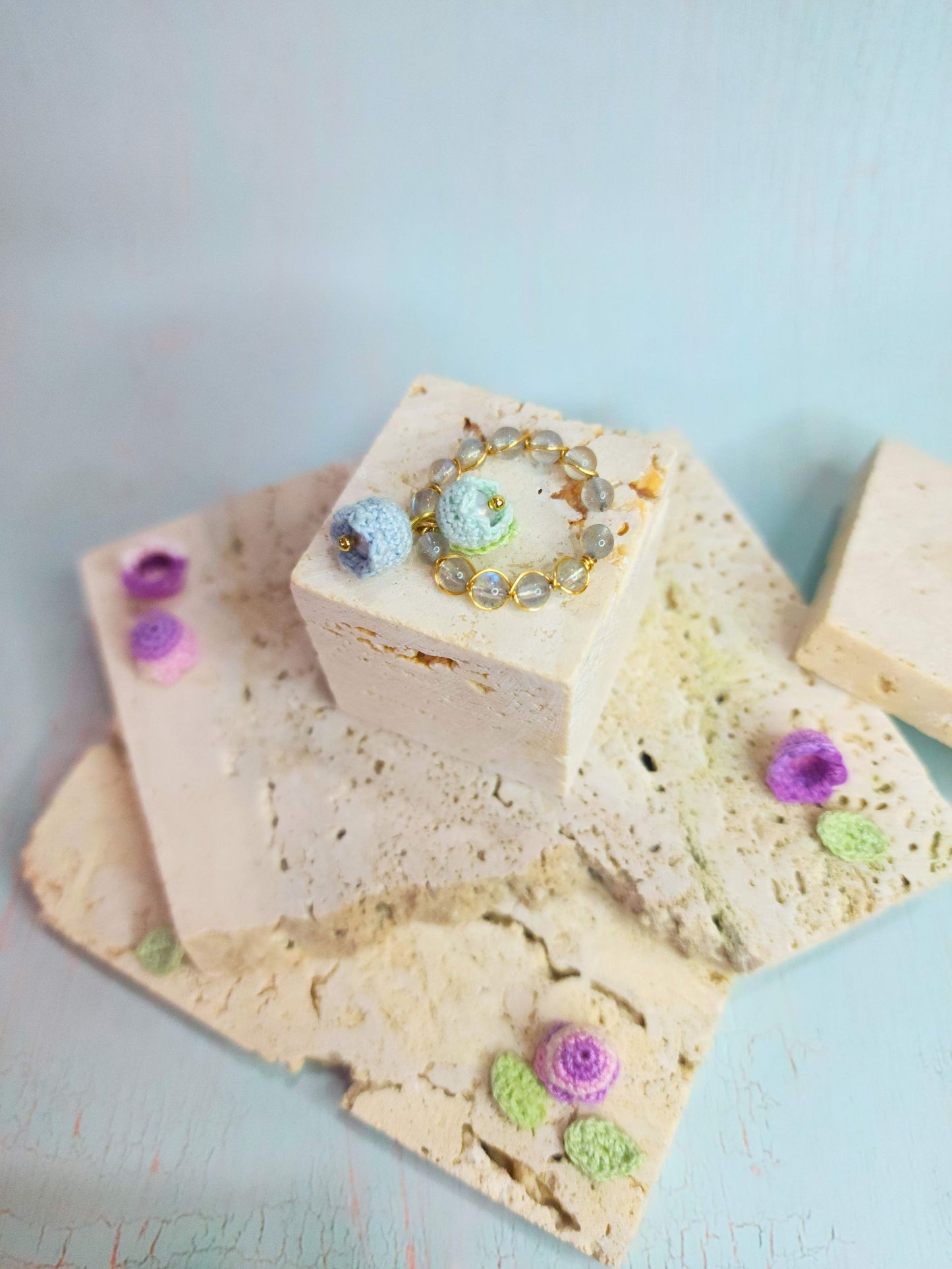 Natural Labradorite with Blue Micro-crochet Lillies of the Valley with Pearls Ring
