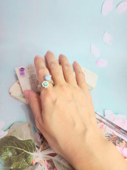 Natural Labradorite with Blue Micro-crochet Lillies of the Valley with Pearls Ring