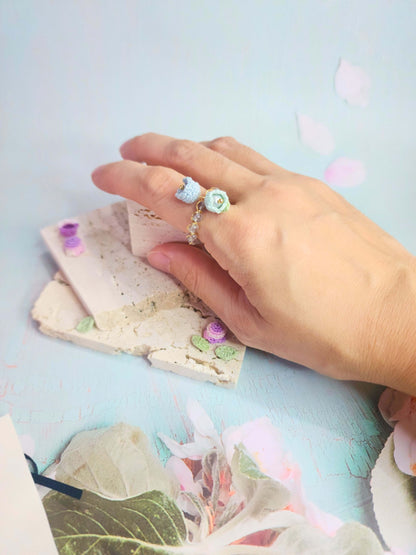 Natural Labradorite with Blue Micro-crochet Lillies of the Valley with Pearls Ring
