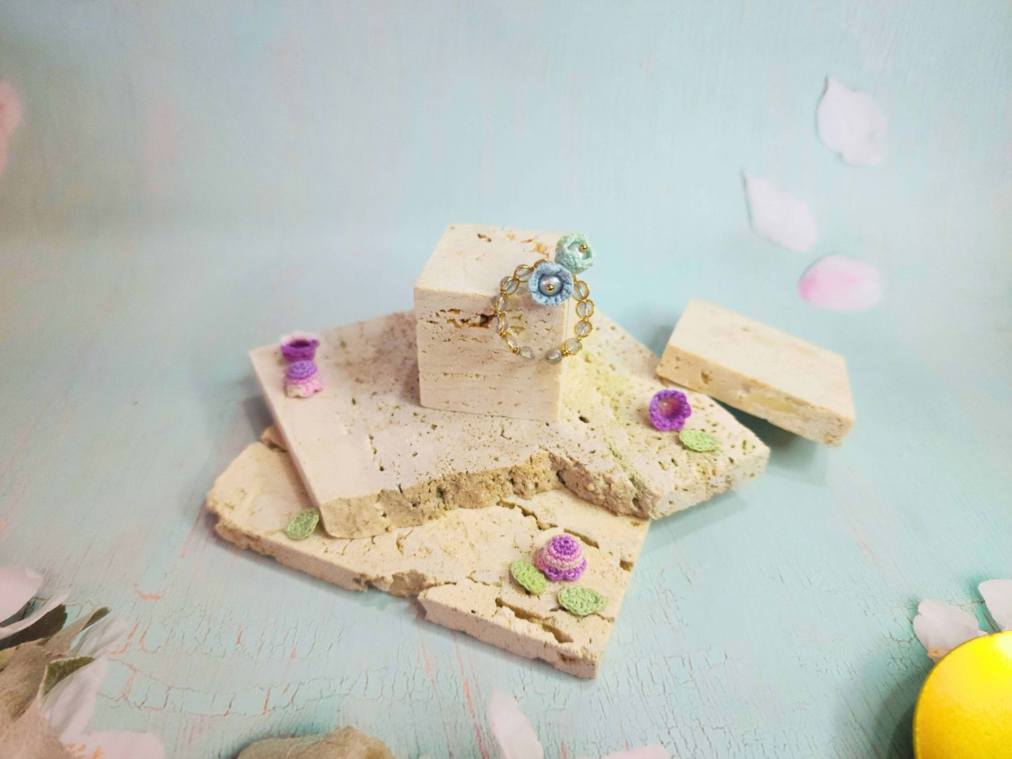 Natural Labradorite with Blue Micro-crochet Lillies of the Valley with Pearls Ring