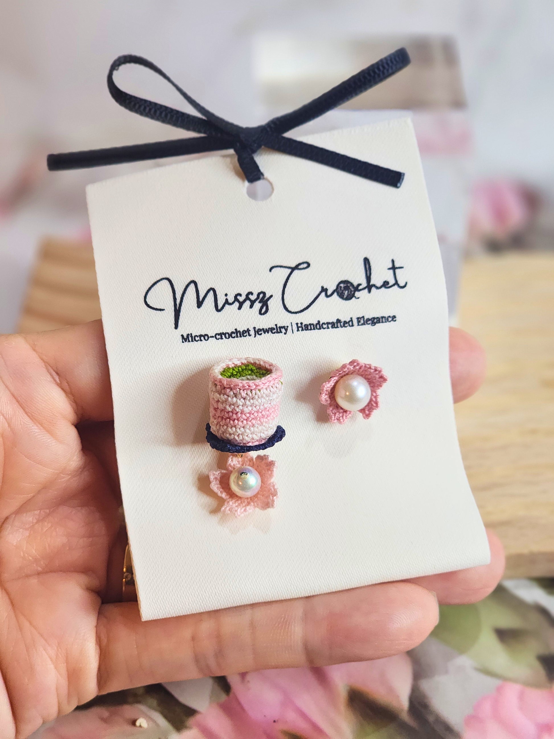 Handcrafted micro-crochet matcha tea & sakura with pearls earrings. Natural freshwater Akoya & Edison pearls. 18K gold-plated ear studs.