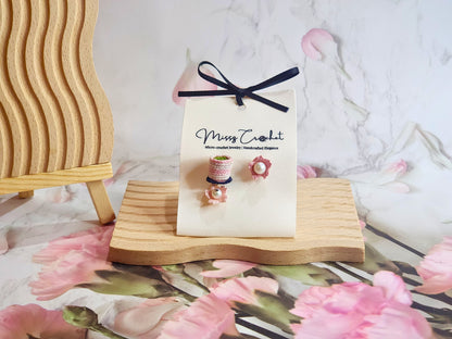 Handcrafted micro-crochet matcha tea & sakura with pearls earrings. Natural freshwater Akoya & Edison pearls. 18K gold-plated ear studs.