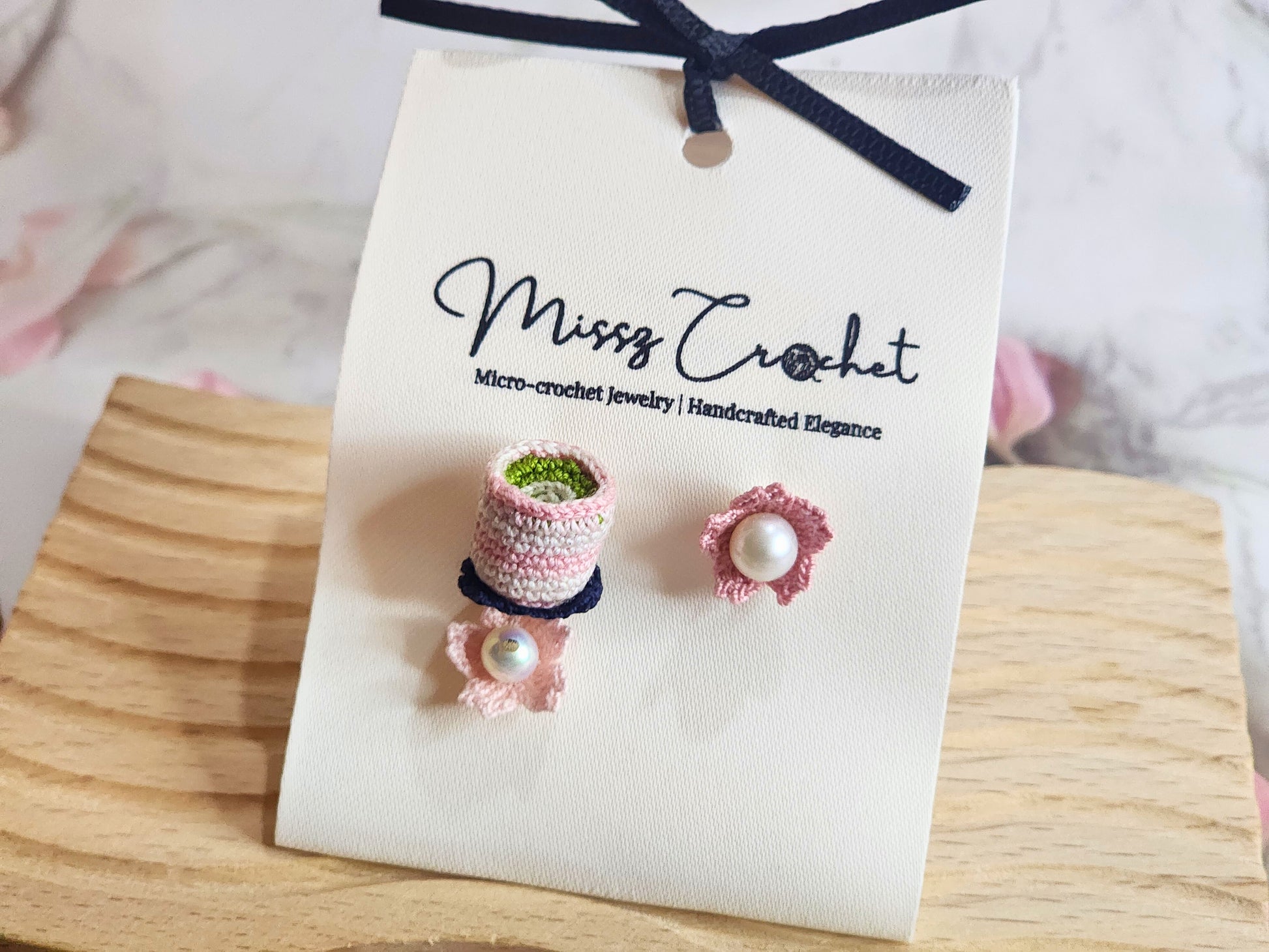 Handcrafted micro-crochet matcha tea & sakura with pearls earrings. Natural freshwater Akoya & Edison pearls. 18K gold-plated ear studs.