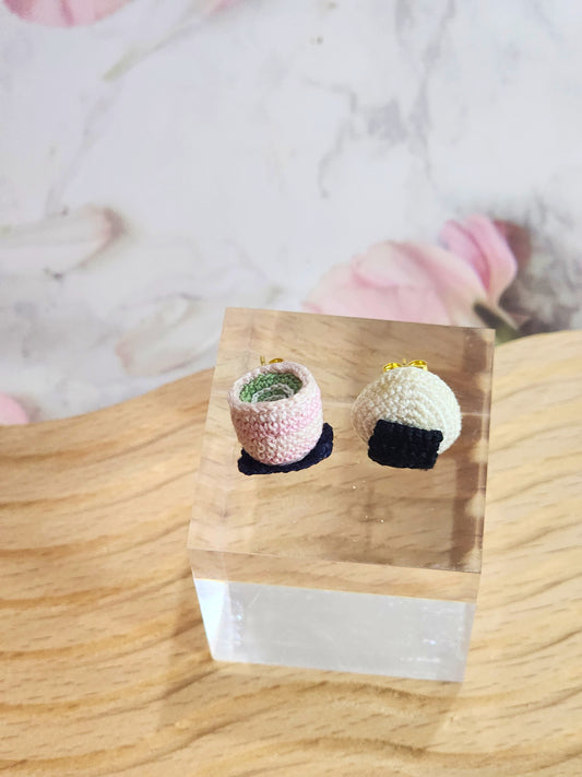 Handcrafted kawaii pair of matcha tea & onigiri earrings on 18K gold-plated ear studs