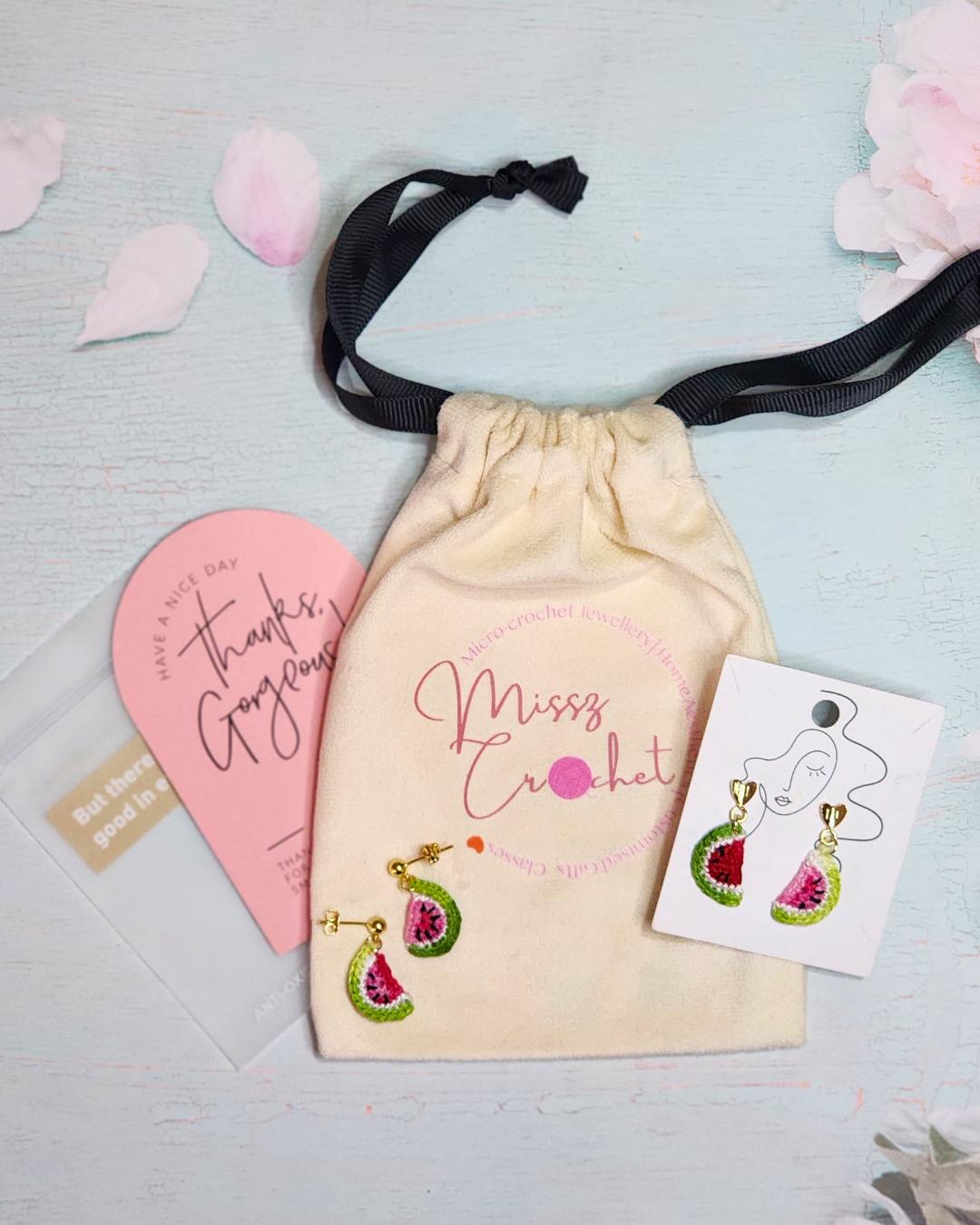 Missz Crochet drawstring bag and 2 pairs of micro-crochet watermelon earrings with a thank you note and anti-oxidation jewelry pouch