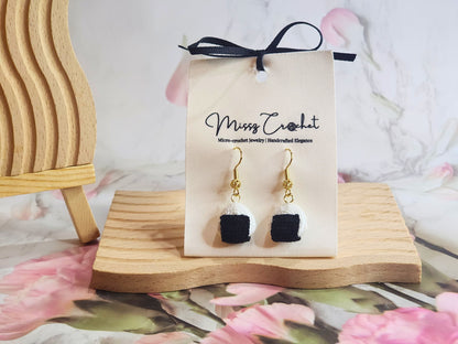 Handcrafted kawaii micro-crochet onigiri earrings on 18K gold-plated ear hooks