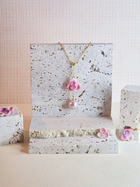 Pink-White Orchid mIcro-crochet necklace with 12mm pink-purple Aurora grade natural freshwater pearl 