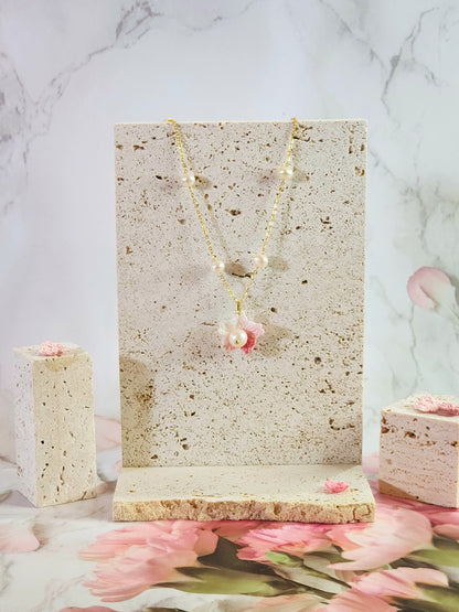 Freshwater Pearls Choker with Micro-crochet Sakura & Pearl pendant. Handcrafted and paired with an 18K gold-plated chain.   