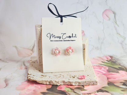 Refined and feather-light handcrafted Sakura with Pearls micro-crochet earrings. Adorned with 5-6mm natural freshwater pearls.