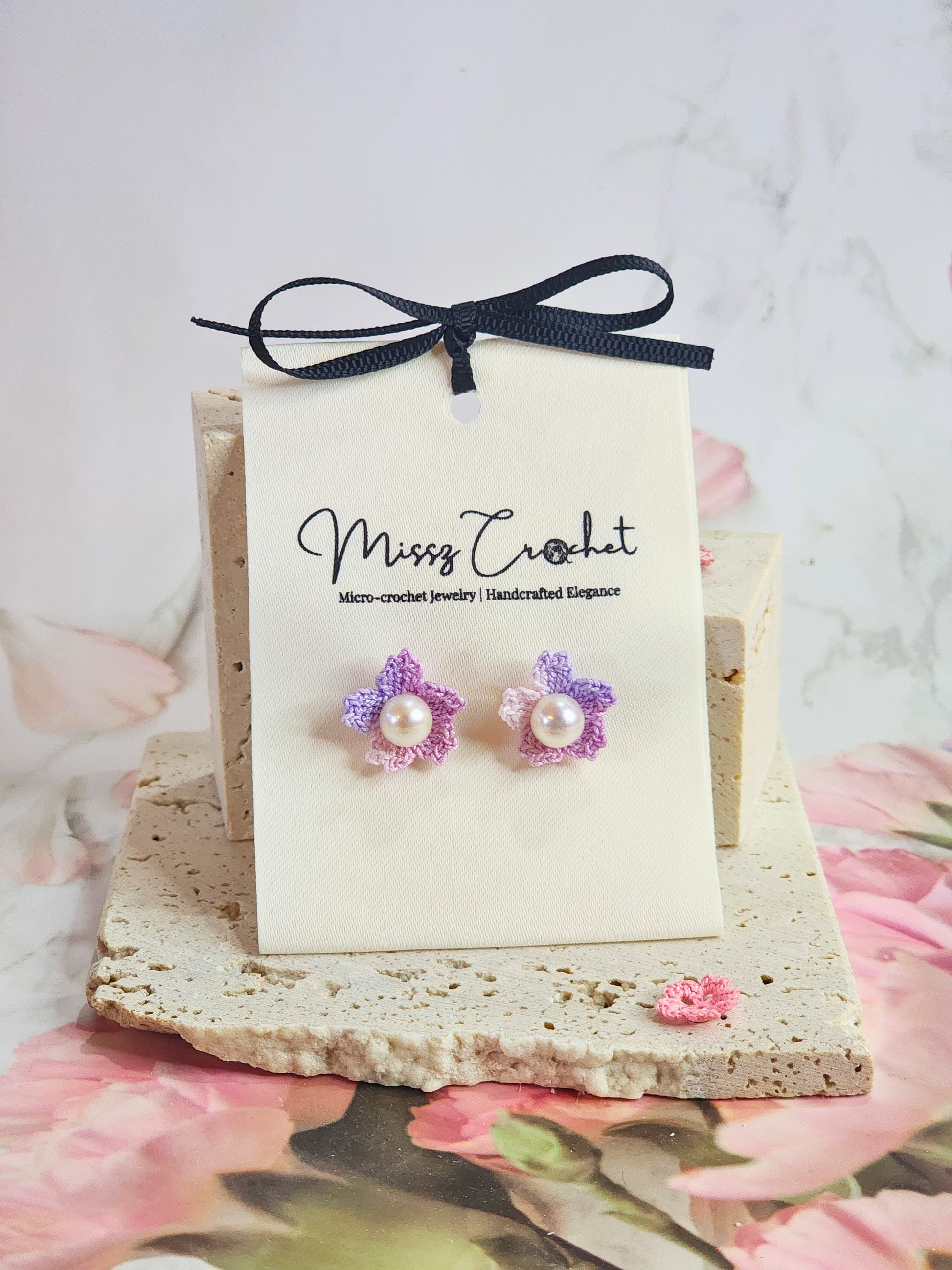 Handcrafted purple-pink Sakura with Pearl micro-crochet earrings on 18K gold-plated ear studs