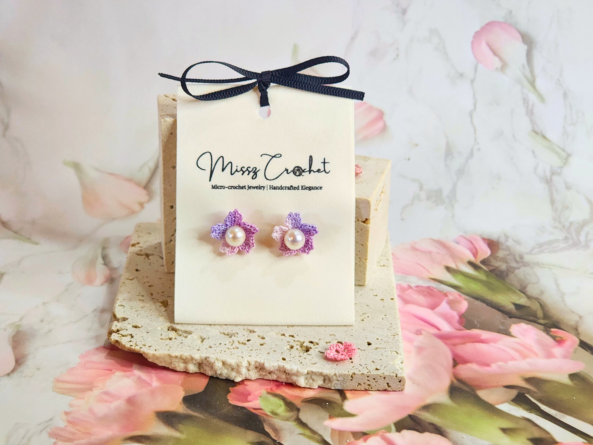 Handcrafted purple-pink Sakura with Pearl micro-crochet earrings on 18K gold-plated ear studs
