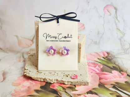 Handcrafted purple-pink Sakura with Pearl micro-crochet earrings on 18K gold-plated ear studs