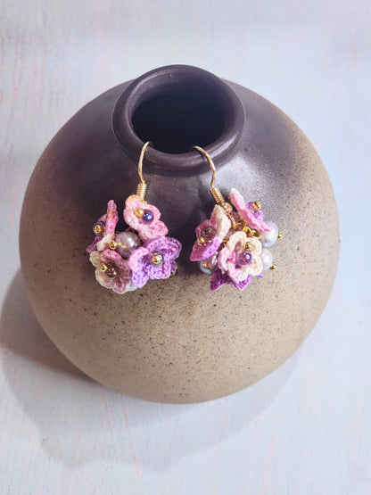Handcrafted purple and pink micro-crochet star flower cluster with 4-5mm pearls earrings
