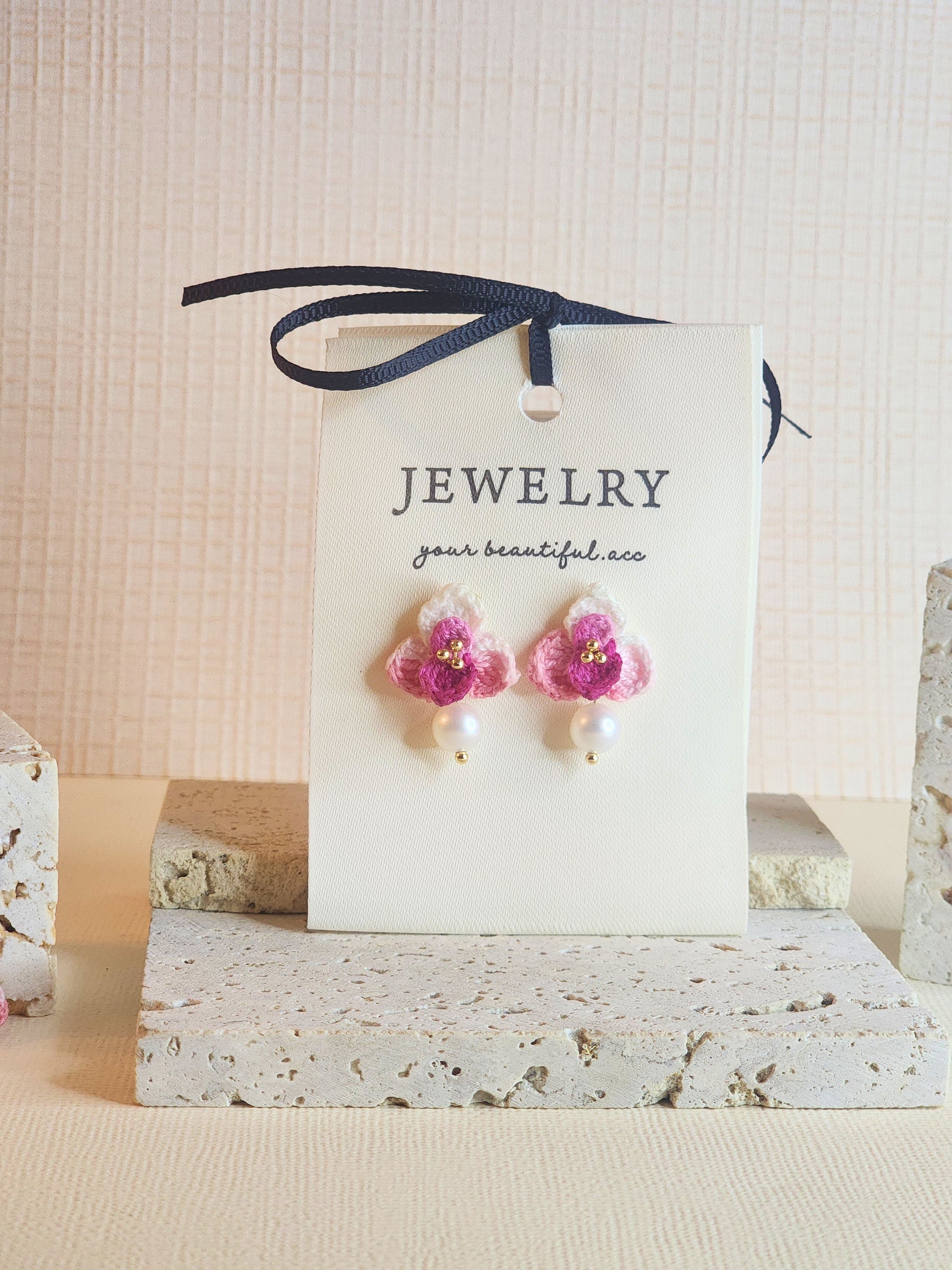 Dark purple-pink Orchid micro-crochet earrings adorned with 7-8mm flawless white natural freshwater pearls 