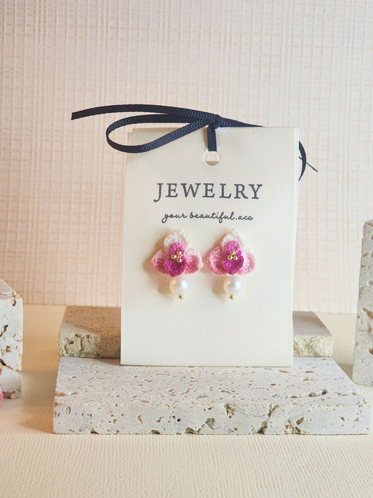 Dark purple-pink Orchid micro-crochet earrings adorned with 7-8mm flawless white natural freshwater pearls 