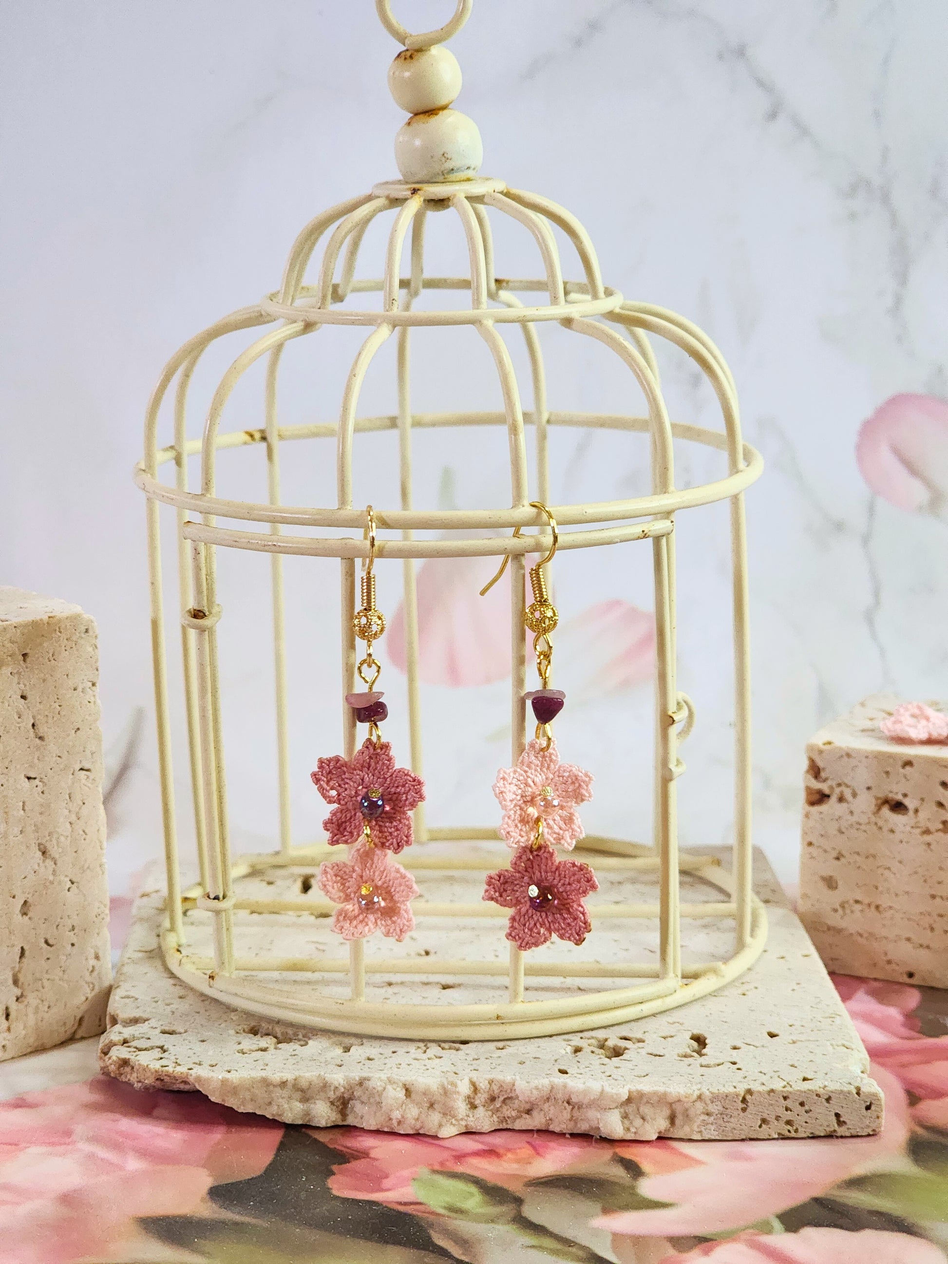 Handcrafted Sakura micro-crochet earrings accented with natural Tourmaline crystals & Miyuki glass beads on 18K gold-plated ear hooks 