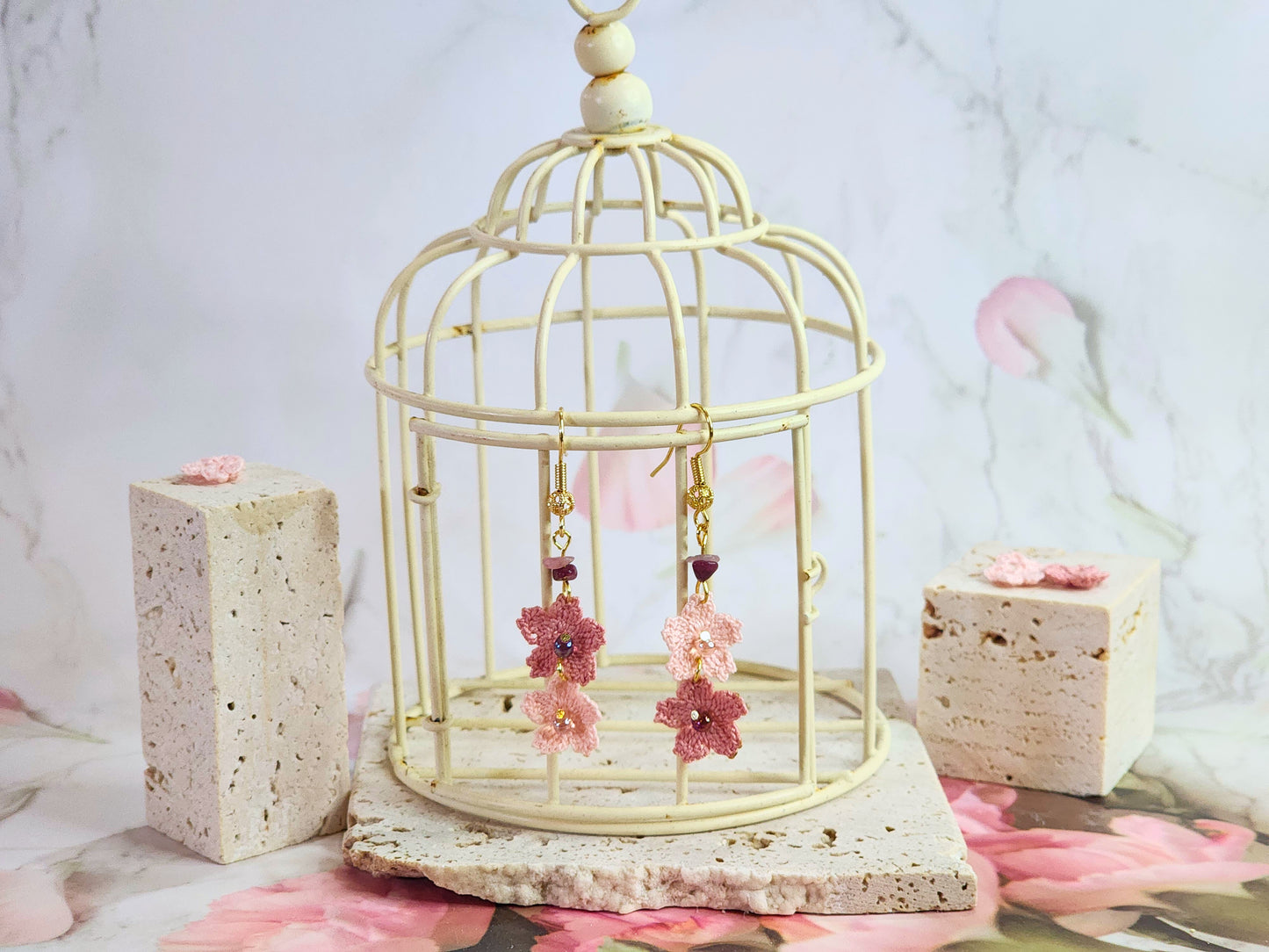 Handcrafted Sakura micro-crochet earrings accented with natural Tourmaline crystals & Miyuki glass beads on 18K gold-plated ear hooks 