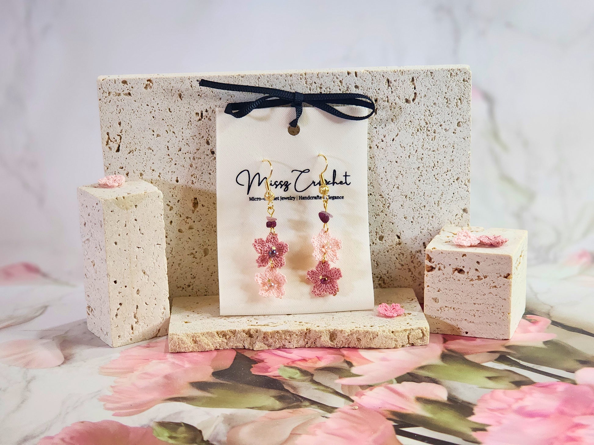 Handcrafted Sakura micro-crochet earrings accented with natural Tourmaline crystals & Miyuki glass beads on 18K gold-plated ear hooks 