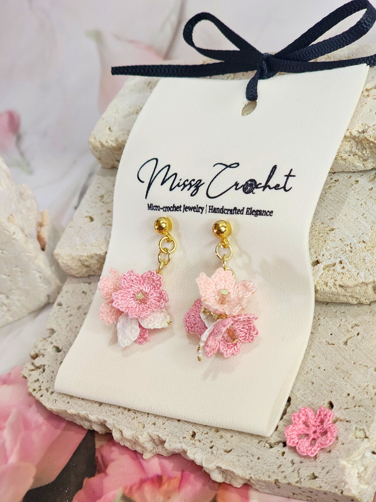 Handcrafted Trio of Sakura Blossoms Micro-crochet earrings accented with sparkling rose gold Czech crystals on 18K gold-plated ear studs