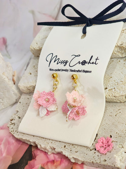 Handcrafted Trio of Sakura Blossoms Micro-crochet earrings accented with sparkling rose gold Czech crystals on 18K gold-plated ear studs