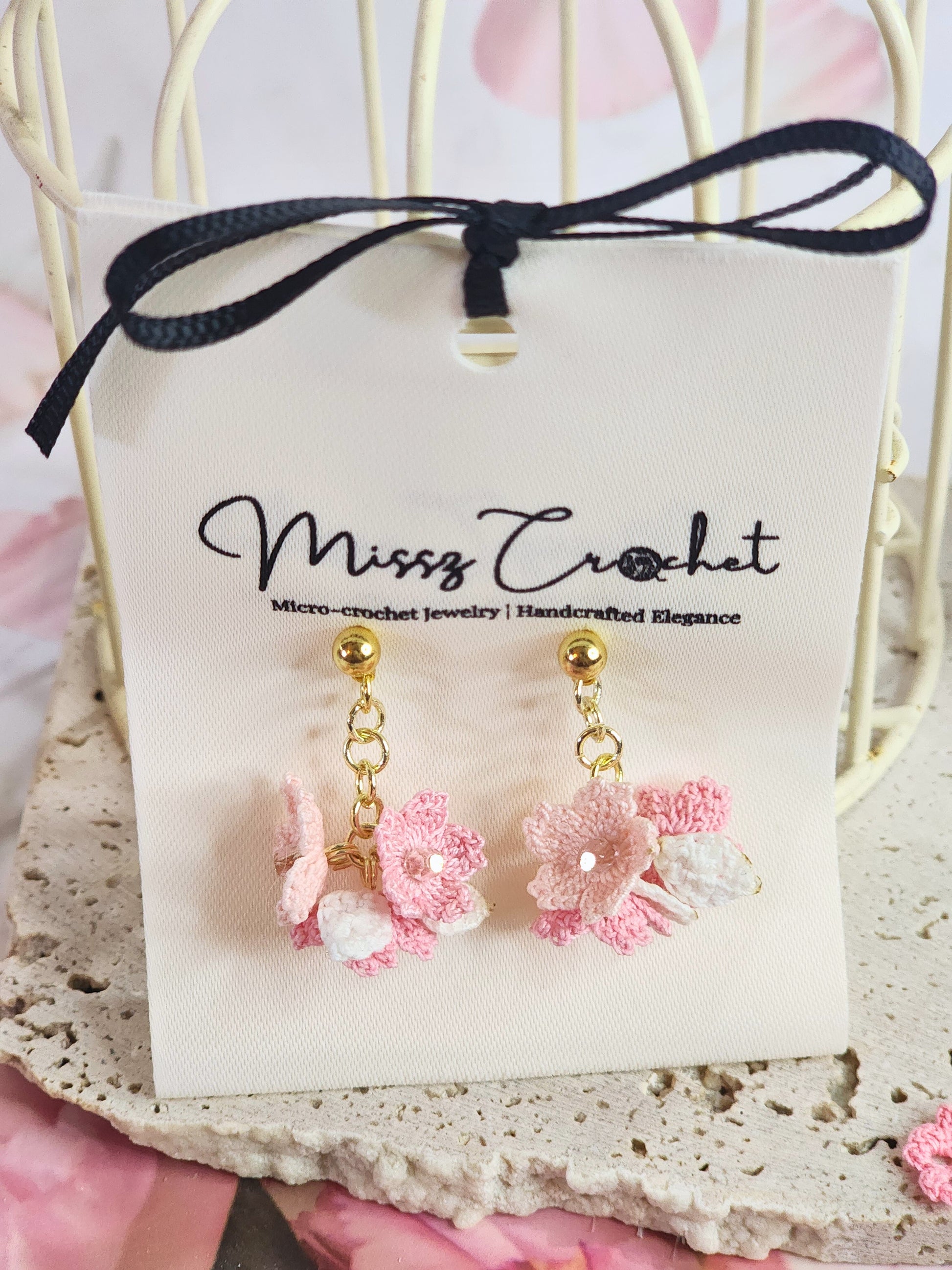 Handcrafted Trio of Sakura Blossoms Micro-crochet earrings accented with sparkling rose gold Czech crystals on 18K gold-plated ear studs