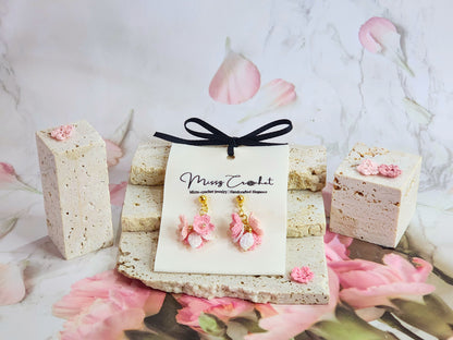 Handcrafted Trio of Sakura Blossoms Micro-crochet earrings accented with sparkling rose gold Czech crystals on 18K gold-plated ear studs