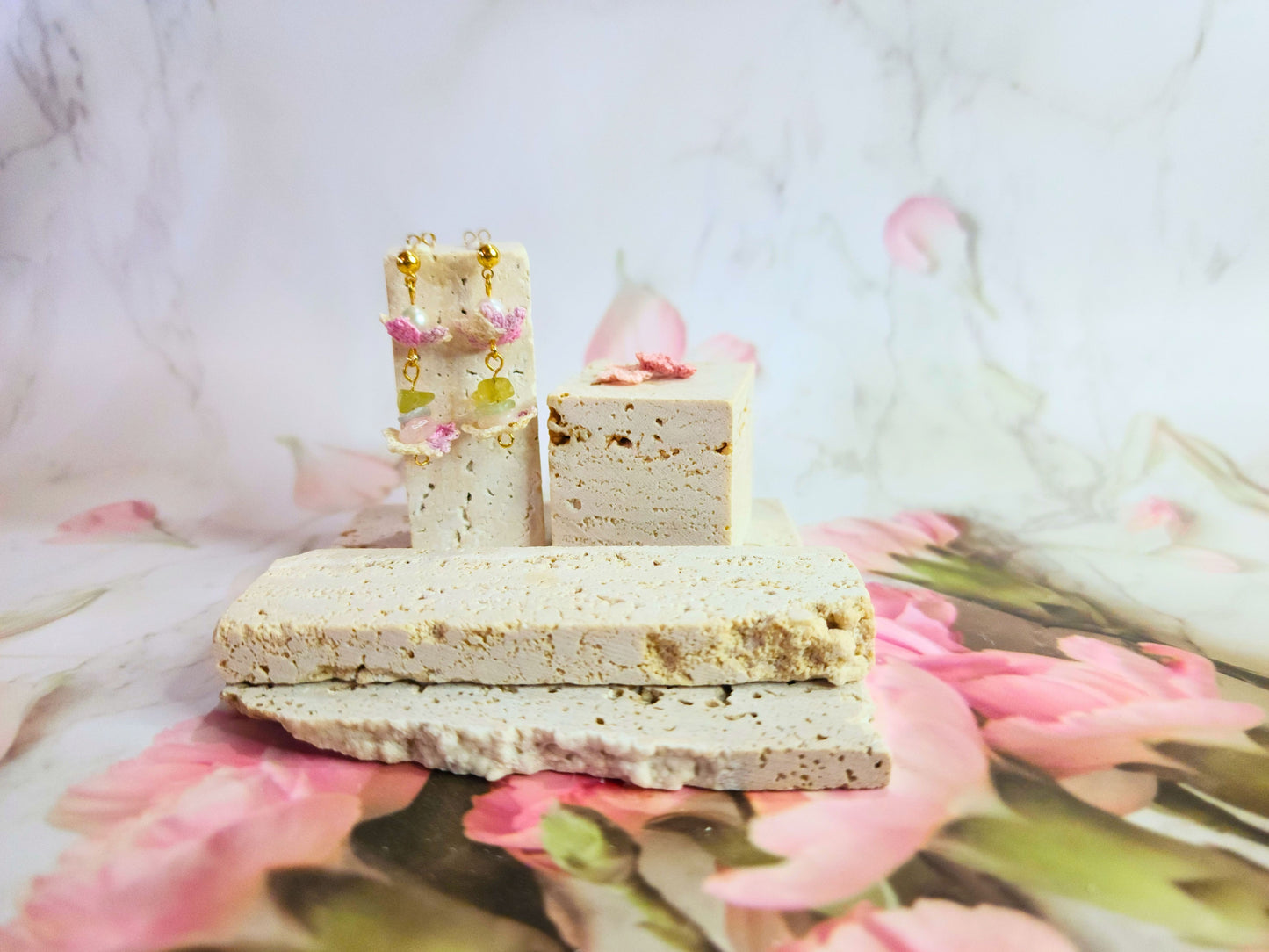 Graceful pair of handcrafted micro-crochet earrings featuring Sakura blooms crowned with pearls & morganite crystals on 18K gold-plated studs