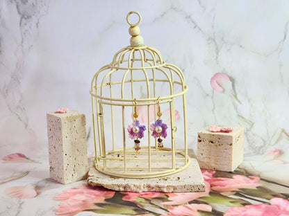 Handcrafted Purple Sakura with freshwater Akoya Pearls and Tourmaline Crystals on 18K gold-plated ear hooks