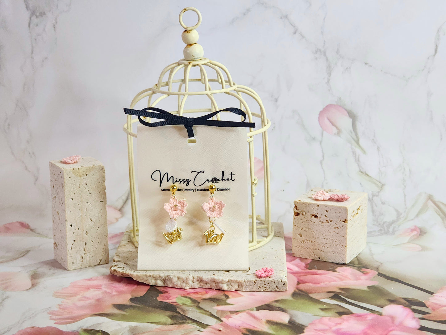 Handcrafted micro-crochet Sakura blossoms accented with Czech Crystals and gold-plated cranes on 18K gold-plated ear studs