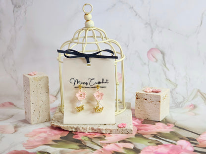 Handcrafted micro-crochet Sakura blossoms accented with Czech Crystals and gold-plated cranes on 18K gold-plated ear studs