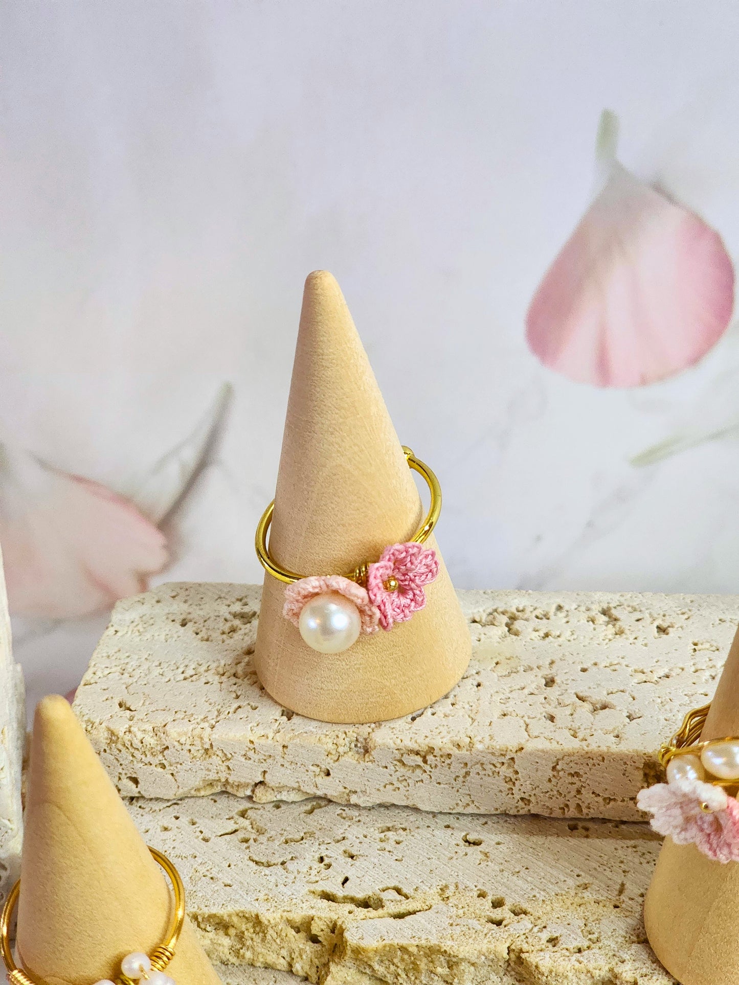 Handcrafted micro-crochet Sakura blossoms with 6-7mm natural freshwater Edison pearl on 18K gold=plated adjustable ring