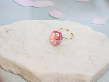 Handcrafted micro-crochet seashell ring with flawless 6-7mm freshwater pink pearl on 14K gold-plated adjustable band