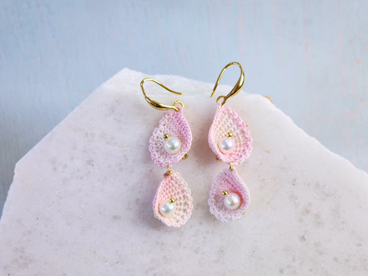 Handcrafted micro-crochet pink ombre scallop shell duo earrings with 5.5-6mm natural freshwater Akoya pearls on 18K gold-plated hooks