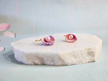 Handcrafted micro-crochet seashell rings with lustrous natural freshwater pearls on 14K gold-plated adjustable rings