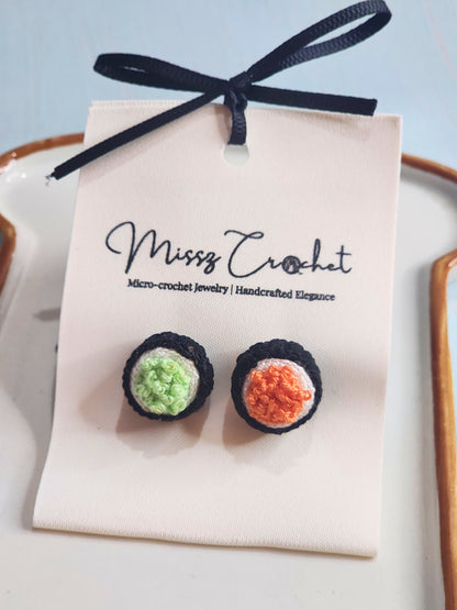 Handcrafted micro-crochet green & orange Tobiko Sushi earrings. 18K gold-plated ear studs.