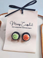 Handcrafted micro-crochet green & orange Tobiko Sushi earrings. 18K gold-plated ear studs.