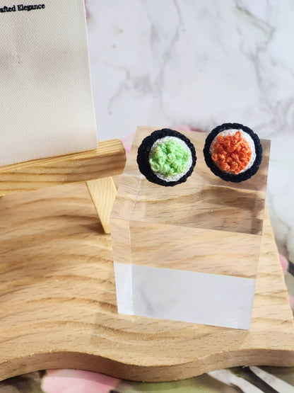 Handcrafted micro-crochet green & orange Tobiko Sushi earrings. 18K gold-plated ear studs.