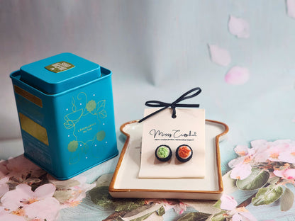 Handcrafted micro-crochet green & orange Tobiko Sushi earrings. 18K gold-plated ear studs.
