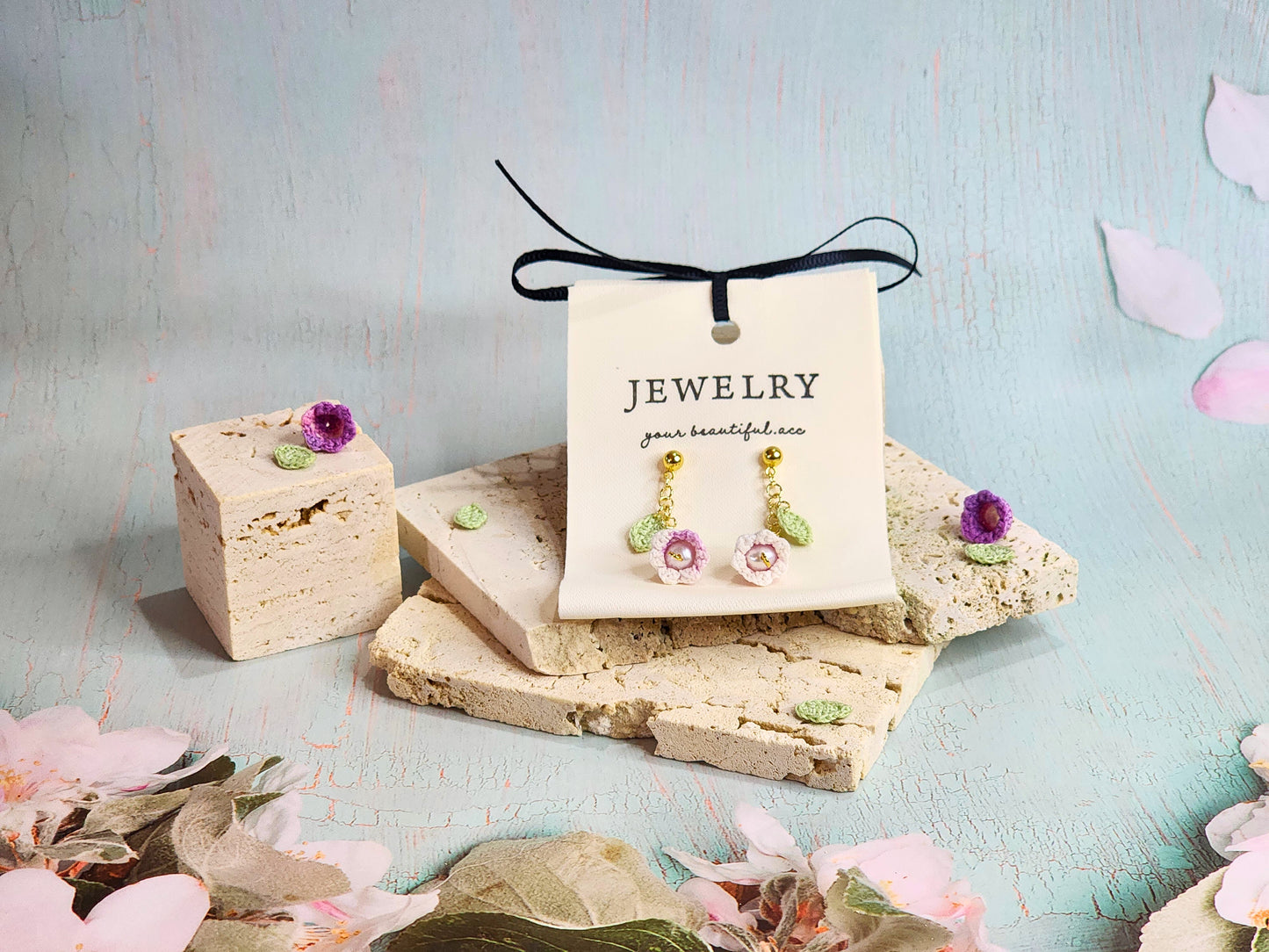 Pink-White Micro-crochet Lily of the Valley with Pearls Earrings