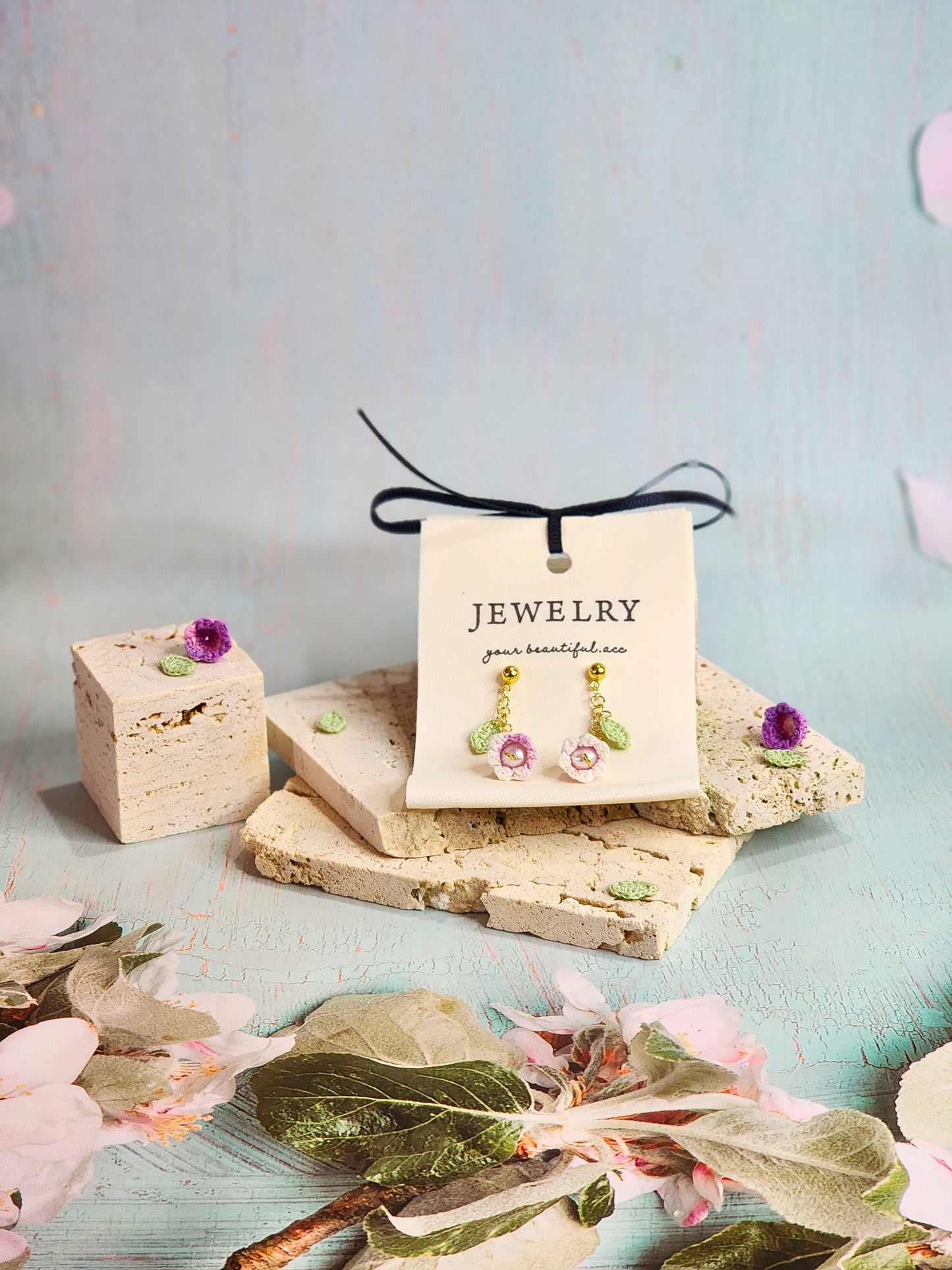 Pink-White Micro-crochet Lily of the Valley with Pearls Earrings