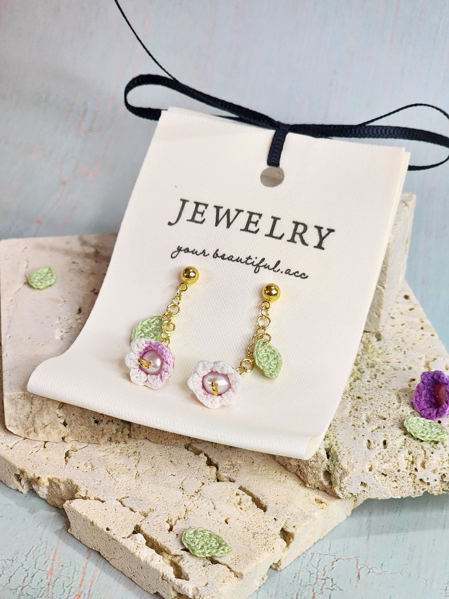 Pink-White Micro-crochet Lily of the Valley with Pearls Earrings