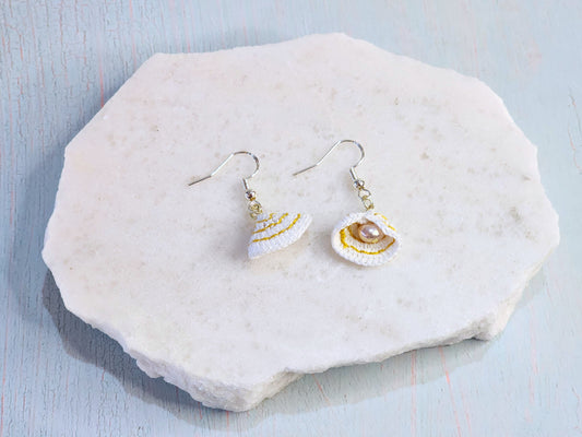 Handcrafted micro-crochet clam shell earrings with natural 5-5.5mm smoke grey baroque pearls. S925 hooks. 