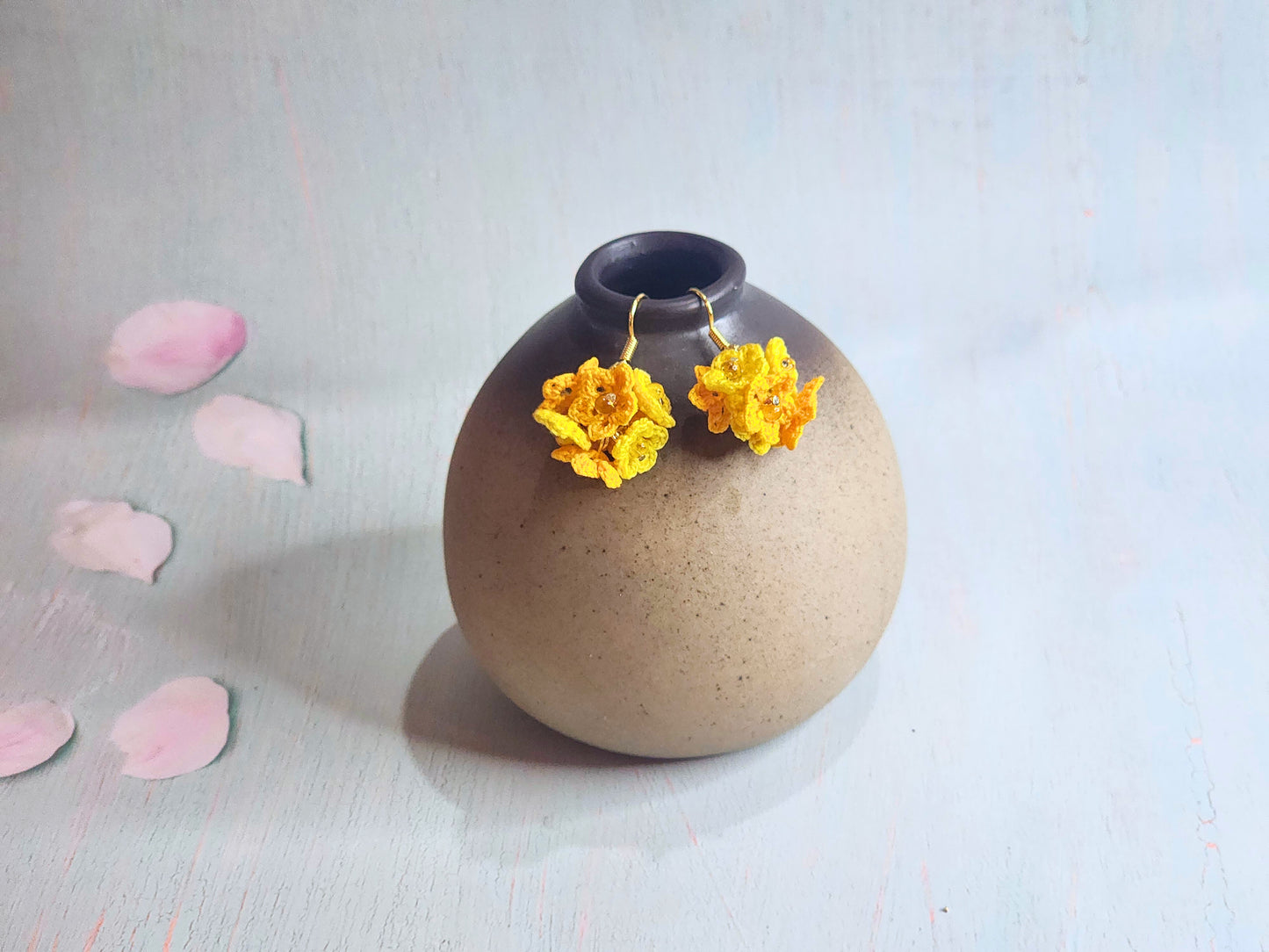 Handcrafted cluster of yellow & orange micro-crocheted star flower earrings. Lightweight and elegant design accented with Miyuki glass beads from Japan. 